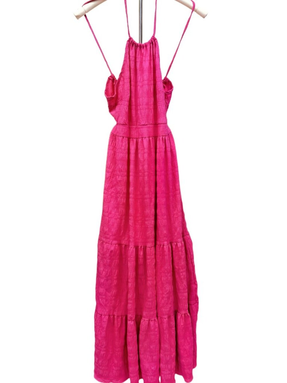 New Breathable Long Pink Summer Sundress Halter Maxi Textured Stretch Waist
